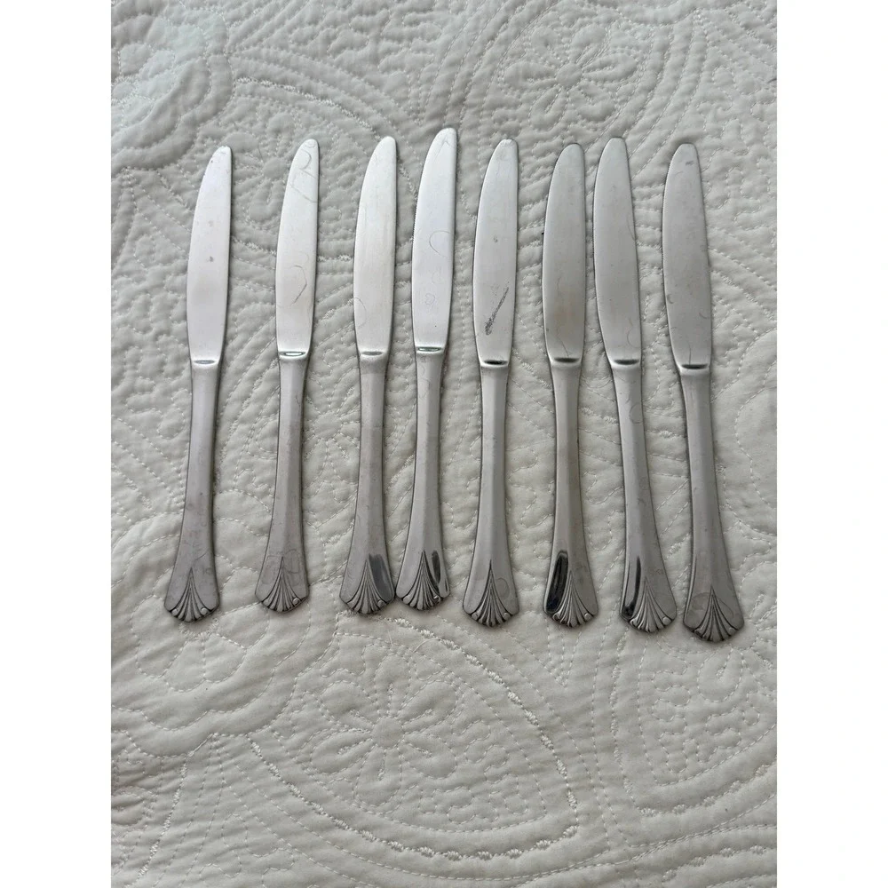 Pfaltzgraff Ashcroft Dinner Knives Set of 8 Silver Stainless Steel Shell Handle